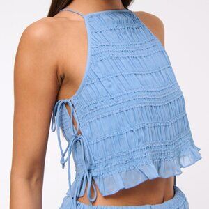 NWT A&F Blue Ruched Side Tie Top | Blouse Halter Top | Apron Ruched Side-Tie Top